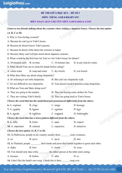 Đề thi giữa kì 2 Tiếng Anh 8 Right on! - Đề số 1